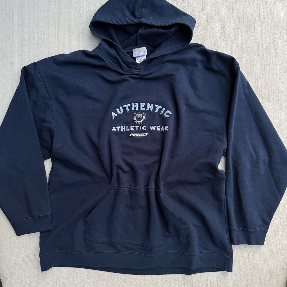 Vtg 90s Reebok Heavyweight Hoodie Navy Blue Blokecore Oversized Mens XXL
